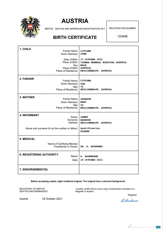 Download Austria vital record birth certificate Word and PDF template Photoshop template